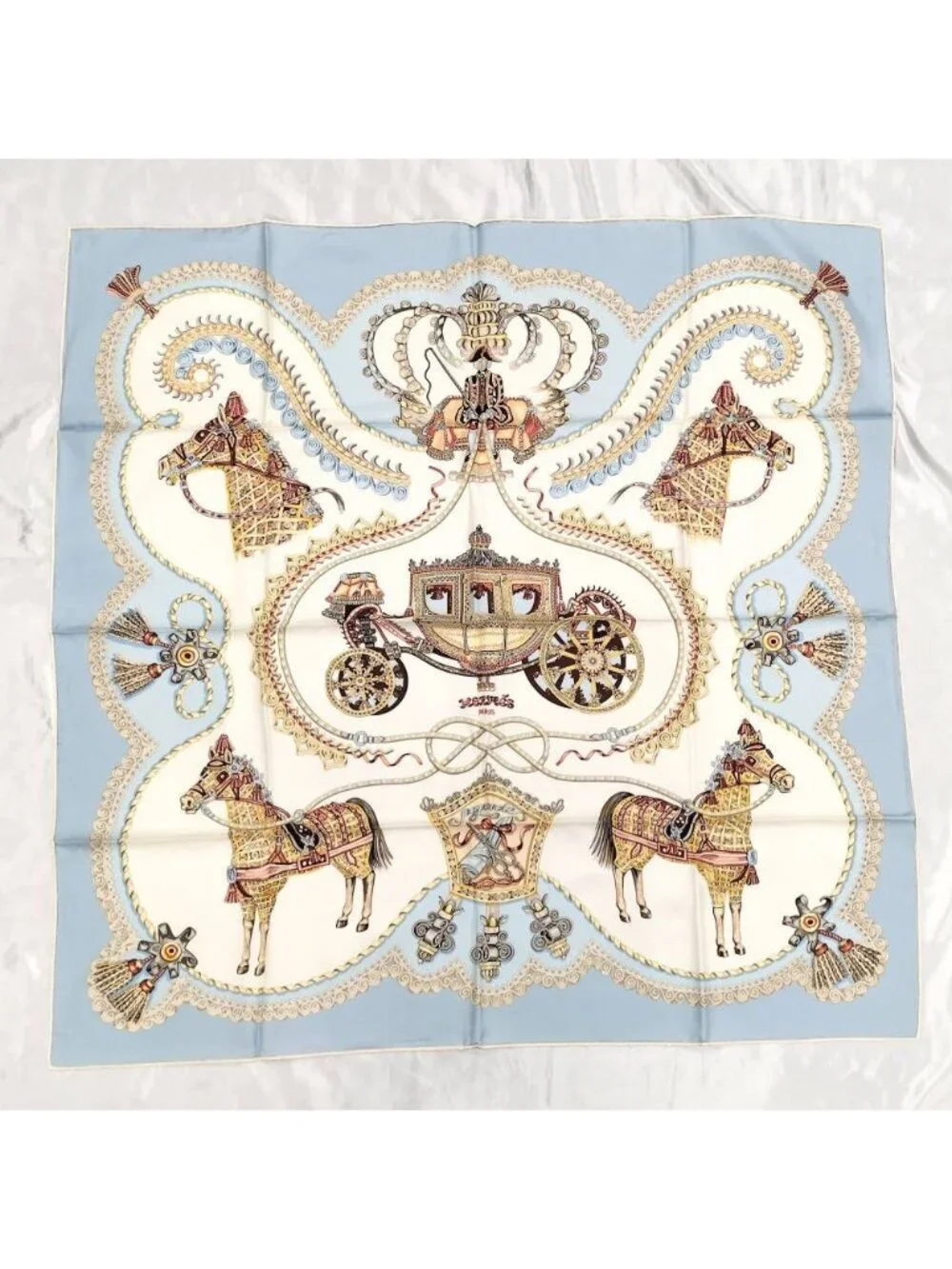 Hermes Carre 90 Scarf Paprol Carriage and Nobility Silk 100% Light Blue